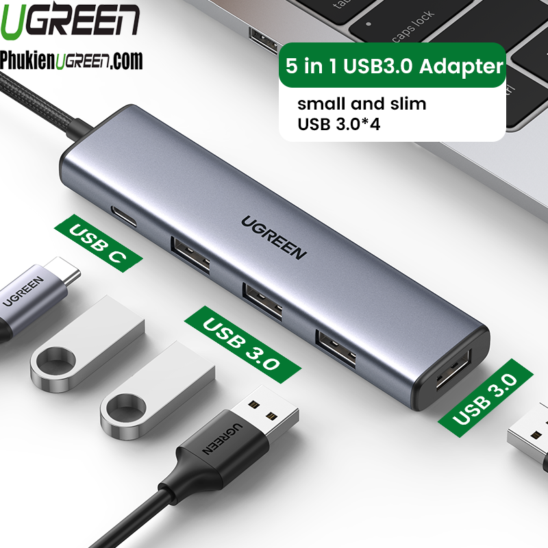 Hub chia USB 3.0 Type-A ra 4 cổng USB 3.0 tốc độ 5Gbps dây bọc dù vỏ nhôm Ugreen 20805 hàng chính hãng