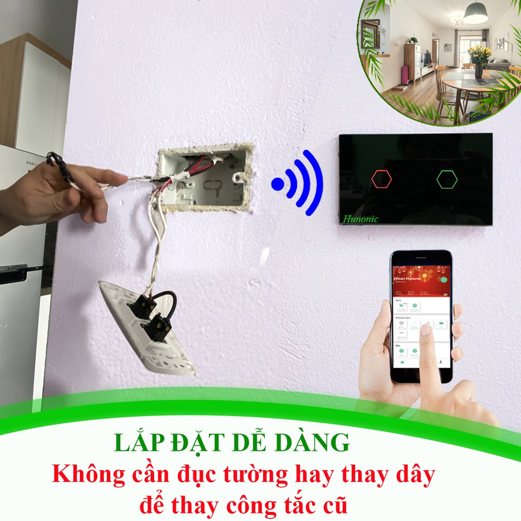 Công tắc thông minh Hunonic 2 nút tích hợp ổ hỗ trợ Google Assistant . Công tắc cảm ứng WIFI kính cường lực- Công tắc điện 2 màu đen trắng | Hàng Việt Nam Chất Lượng Cao- BH 12 tháng