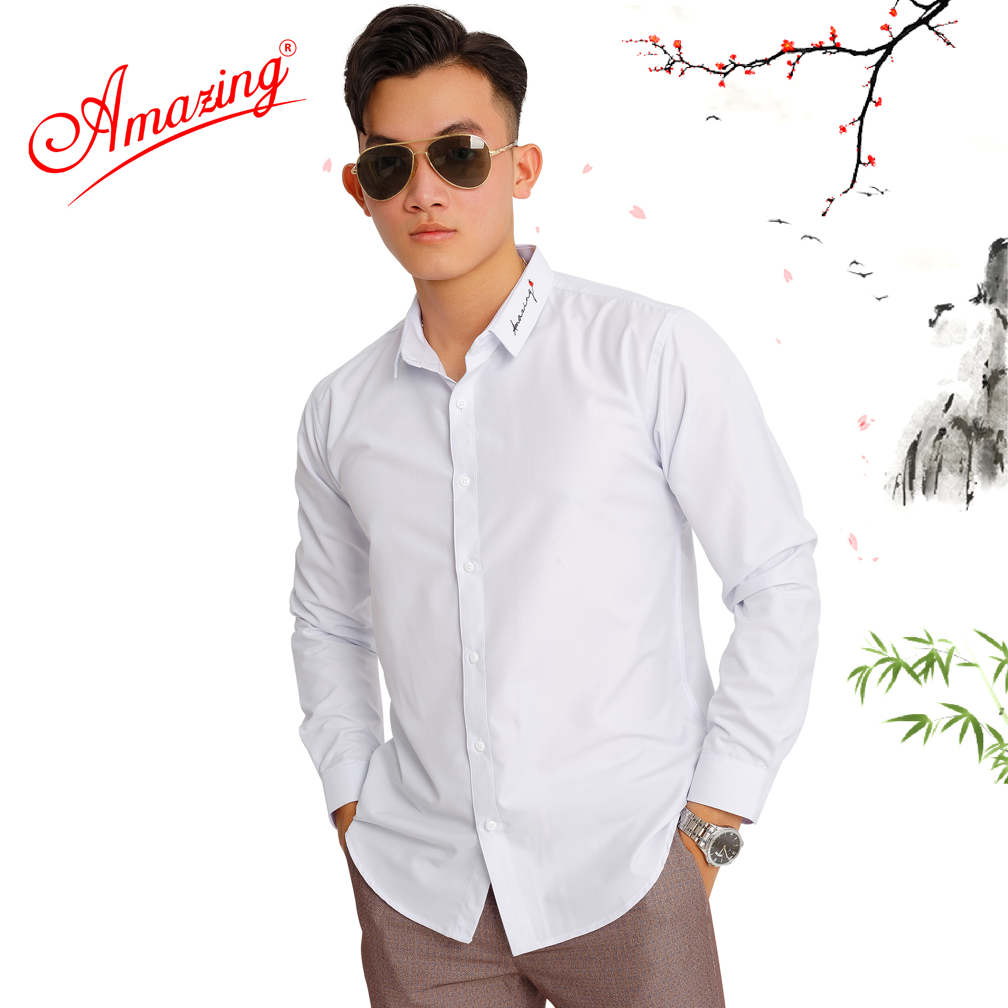Áo sơ mi nam thêu chữ, thương hiệu cao cấp Amazing, phong cách Hàn Quốc, form body slimfit, tay dài