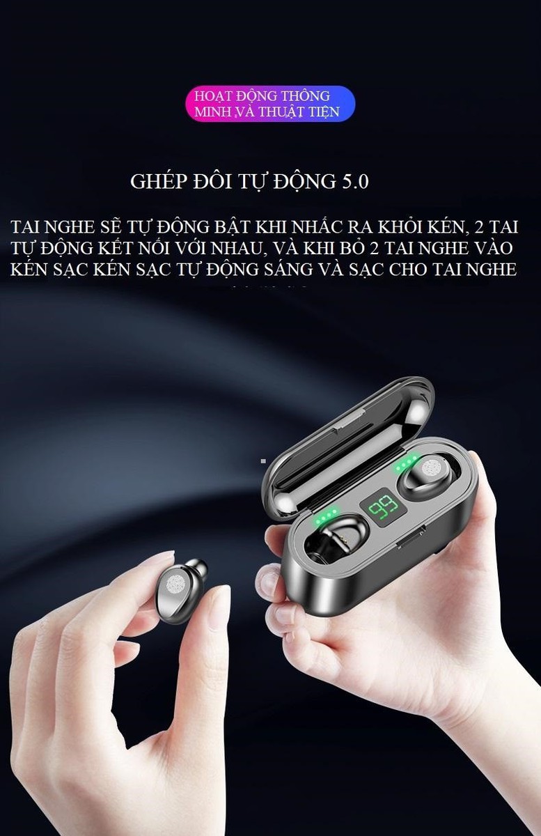 Tai nghe Blutooth 5.0 kiêm dock sạc dự phòng- Màn hình Led thể hiện mức pin cho dock và tai nghe-Nhỏ gọn,thời trang