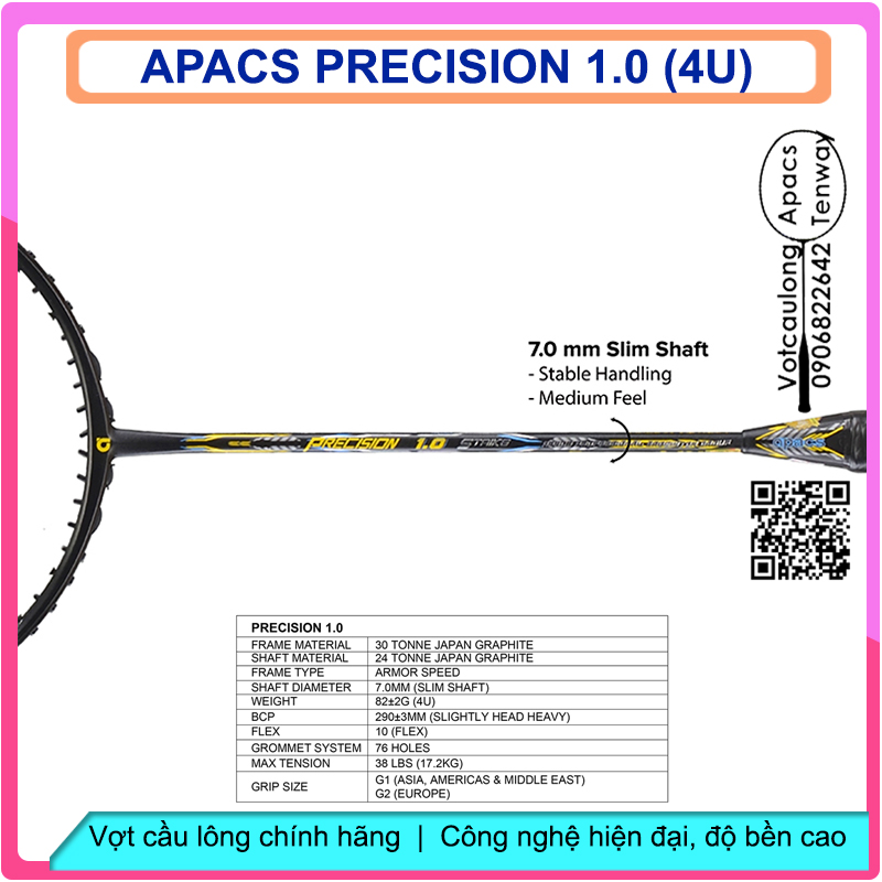 Vợt cầu lông Apacs Precision 1.0 - 4U | Vợt 4U thân dẻo, thiên công hơi nặng đầu, chịu lực đan lưới cao