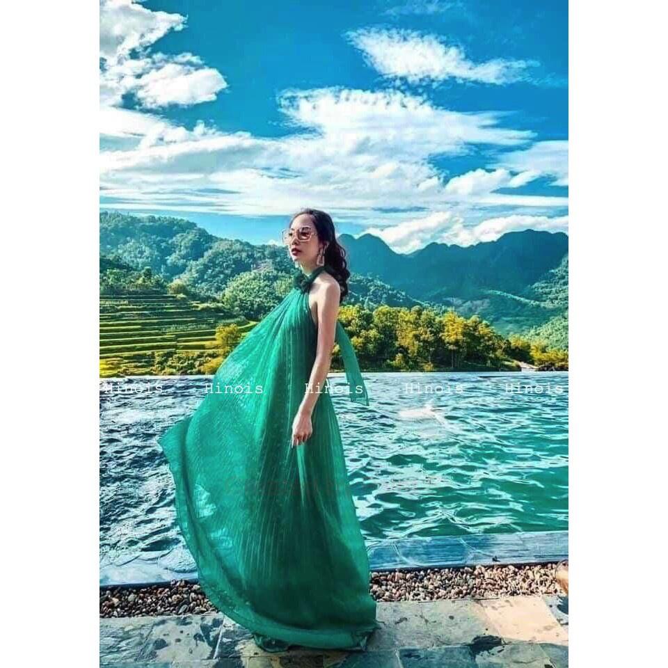 Đầm Maxi Hở Lưng - Váy Maxi Cổ Yếm Dáng Xếp Li Xòe Có Mút Ngực, Chất Liệu Voan Lụa Mềm Mại Thích Hợp Đi Biển kèm vide