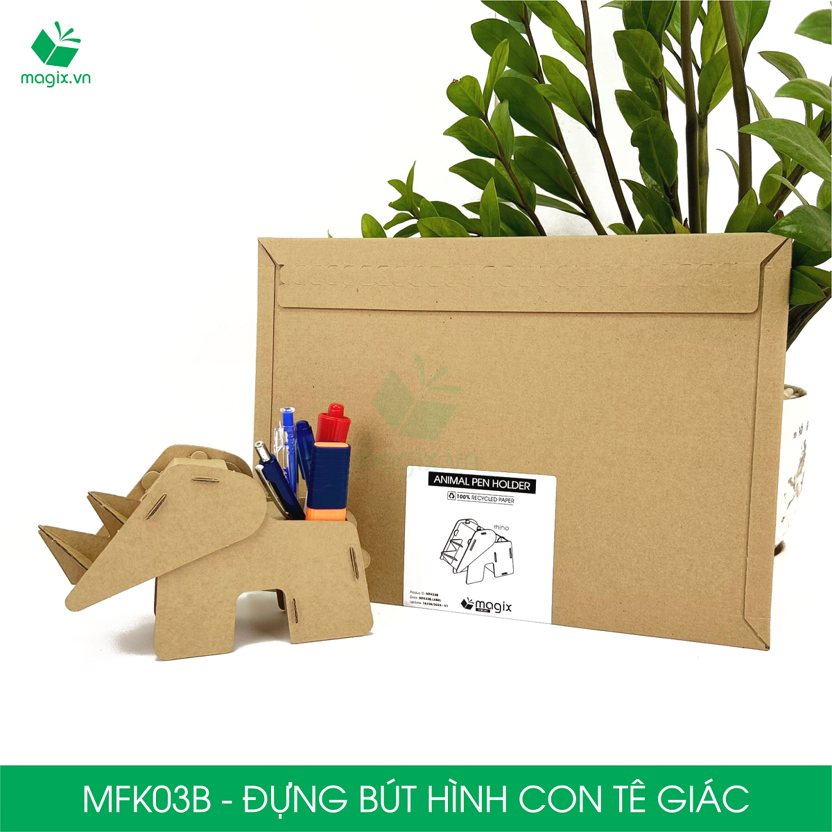 MFK03B - Đựng bút lắp ráp hình con tê giác, đồ đựng bút hình thú bằng giấy carton siêu cứng