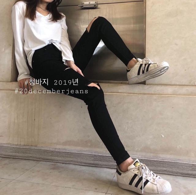 Quần jean nữ rách gối chữ thập lưng cao dáng skinny