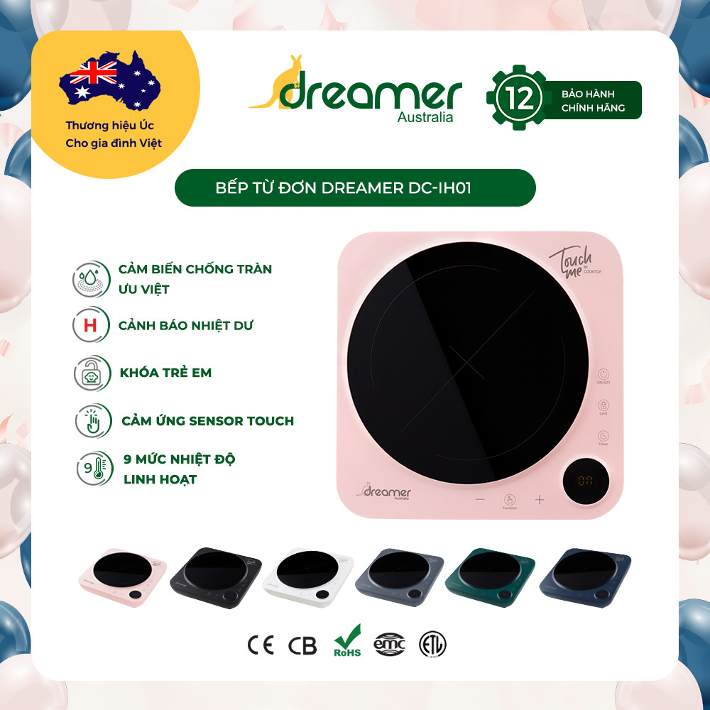 Bếp Điện Từ Đơn Dreamer DC-IH01 2200W, 9 Mức Công Suất, 9 Mức Nhiệt Độ, Chống Tràn, Cảnh Báo Nhiệt Dư, Khóa Trẻ Em, Cảm ứng Sensor Touch, Bảo Hành 12 Tháng - Hàng Chính Hãng