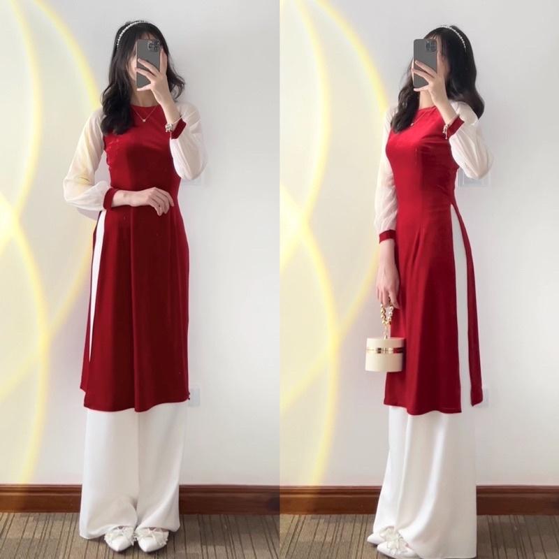 Áo Dài Cách Tân Nhung Đỏ Trơn Phối Tay Voan Trắng- Áo Dài Nguyễn Phan