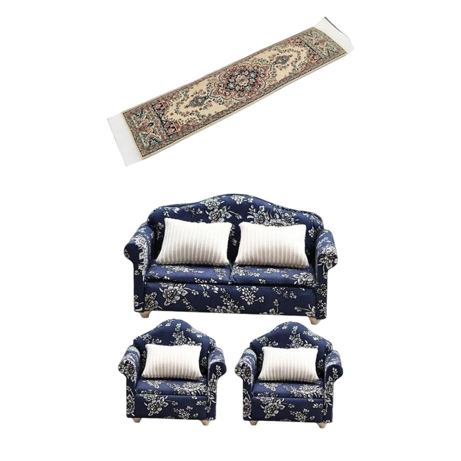 Dollhouse Wooden Sofa and Cushion with Carpet for 1/12 Dollhouse Accessory