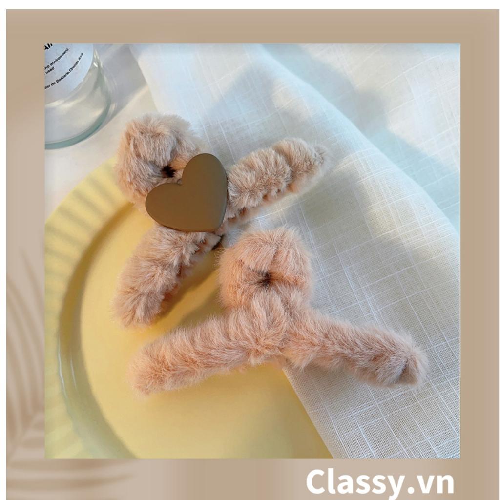 Kẹp càng cua Classy đính lông đính nơ, đính hoa màu be sang trọng PK1626