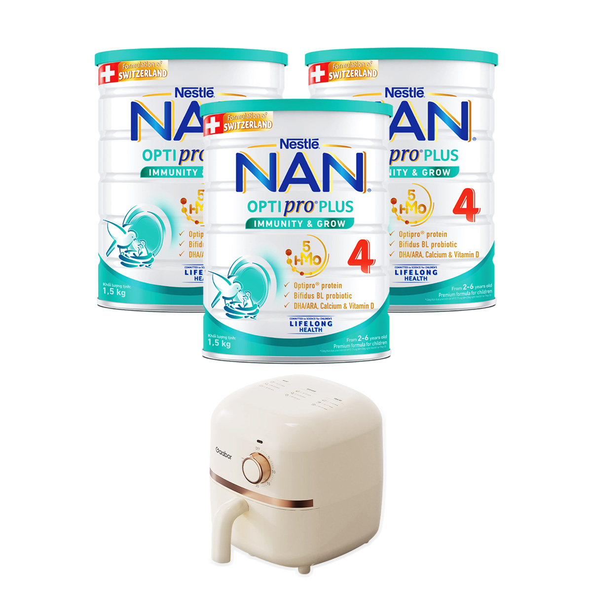 Bộ 3 Lon Sữa bột Nestlé NAN OPTIPRO PLUS 4 1500g/lon với 5HMO Giúp tiêu hóa tốt + Tăng cường đề kháng Tặng Nồi chiên không dầu mini Gaabor​ (2 - 6 tuổi)