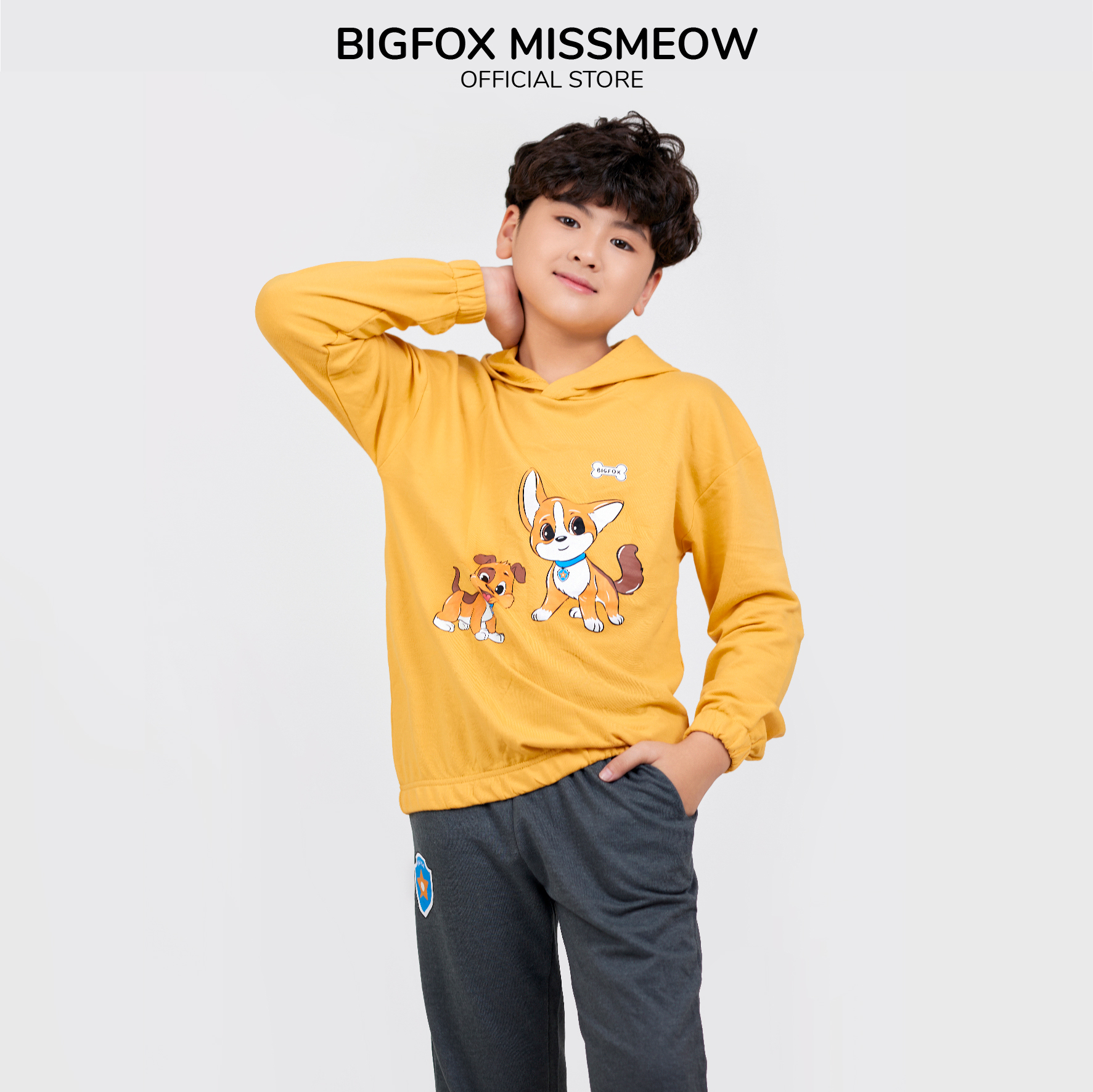 Bộ thu đông bé trai Bigfox Miss Meow chất nỉ da cá, dài tay có mũ trend Hàn Quốc size đại trẻ em 3,9,11 tuổi 40kg