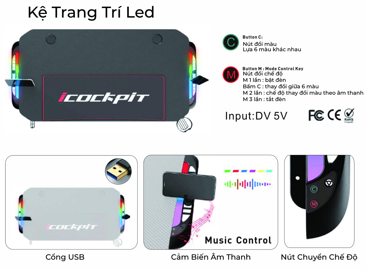 Kệ đèn LED trang trí cho bàn iCockpit, có chế độ chớp theo tiếng nhạc