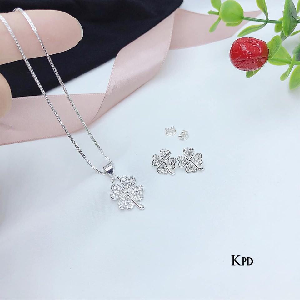 Sét phụ kiện trang sức trẻ trung bằng bạc nguyên chất cho nữ gồm bông khuyên tai và dây chuyền vòng cổ,Vàng bạc an chi