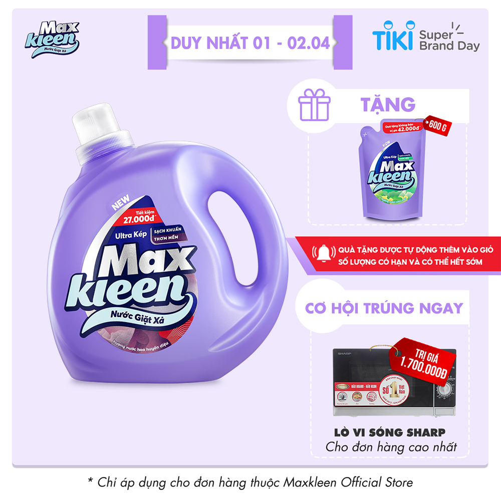 Chai Nước Giặt Xả Maxkleen Hương Huyền Diệu Sạch Khuẩn Thơm Mềm Tiện Lợi &amp; Tiết Kiệm 2.4KG