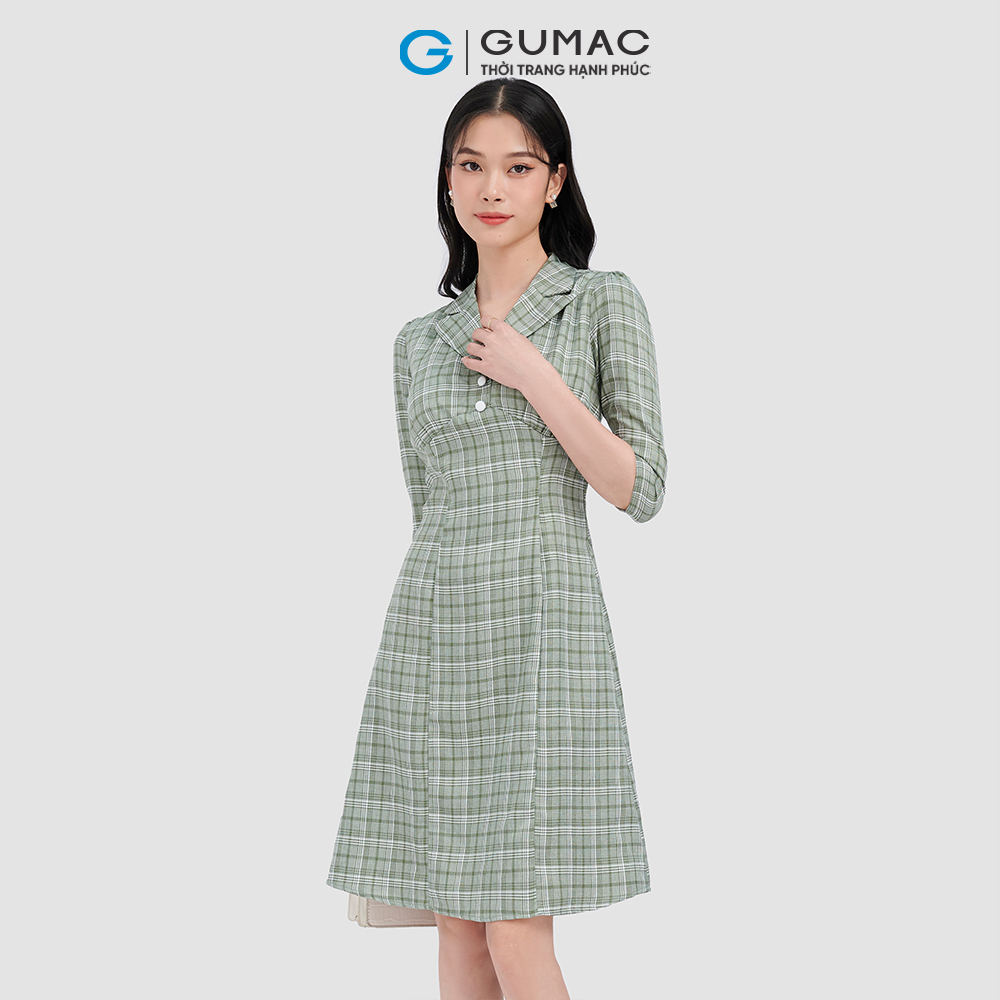Đầm form A GUMAC DC10065 caro tay lỡ phong cách