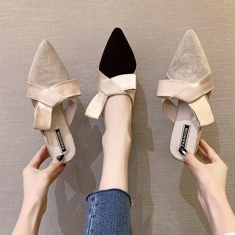 Dép cao gót mũi nhọn đính nơ thời trang mùa hè hàng mới dành cho bạn nữ 2021