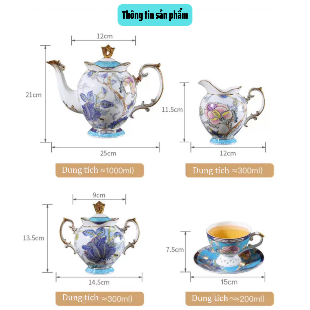 Ảnh thực tế - Bộ trà chiều Châu Âu, Bộ ấm chén cao cấp họa tiết Hoa Mùa Xuân, Bộ tách trà sứ xương 45% tặng 6 thìa đồng mạ vàng siêu đẹp