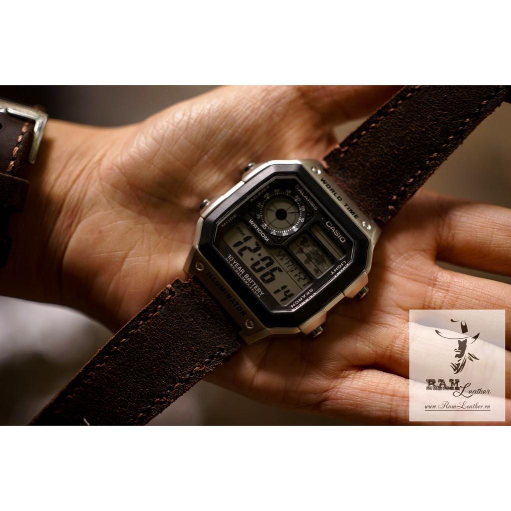 DÂY ĐỒNG HỒ CASIO AE1200/SEIKO5 DA BÒ RAM MÀI NHÁM CAO CẤP DA BÒ THẬT
