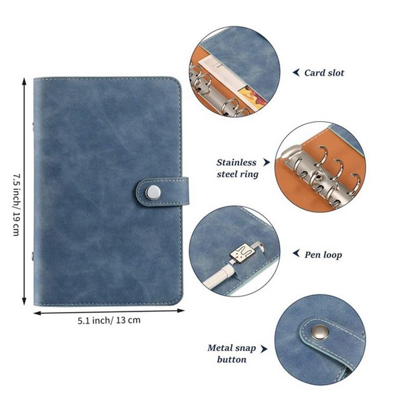 2 Pcs 6-Ring Notebook Binder PU Leather Loose Leaf Notebook Binder Cover with 12Pcs Plastic A6 Binder Envelopes Pouches