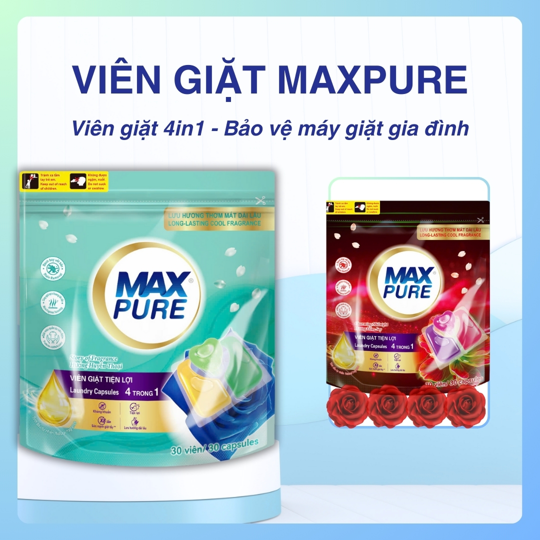 Túi viên giặt Maxpure Hương Huyền Thoại 30v tặng 1 vỉ treo bồn cầu Evershine hương Chanh