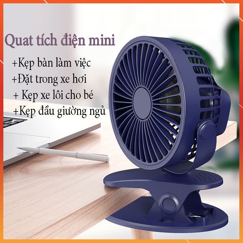 Quạt Mini Kẹp Bàn, Quạt Tích Điện USB Cầm Tay 3 Cấp Độ Gió Cực Mát, Điều Chỉnh Hướng Gió 360 Độ, Không Gây Tiếng Ồn, Pin Dung Lượng Lớn, Sử Dụng Trong Nhiều Giờ