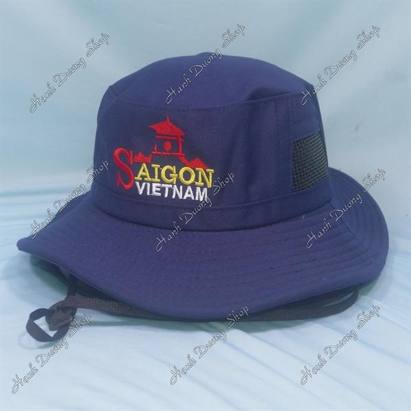 Nón tai bèo nón lính nam thêu chữ Sài Gòn Việt Nam, có lỗ thông gió bên hông nón - Xanh Đen