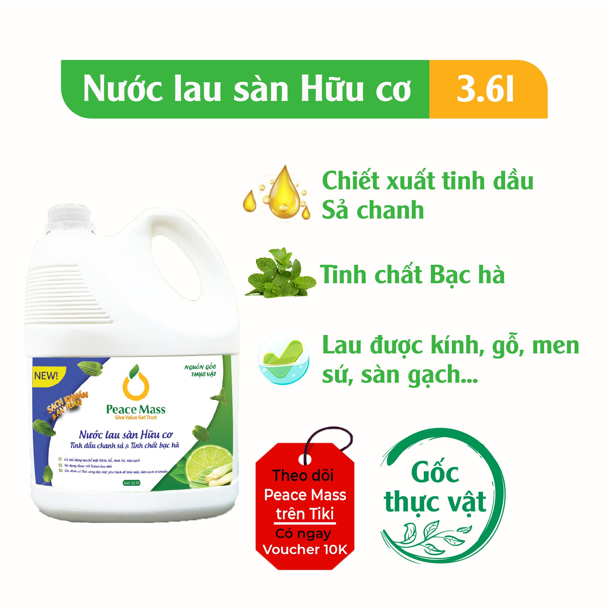 Nước Lau Sàn Gốc Thực Vật Peace Mass TD Chanh Sả - Bạc Hà Đuổi Muỗi và Côn Trùng (Thuộc nhóm Sản phẩm Lành tính / Hữu cơ) Can 3.6 lít