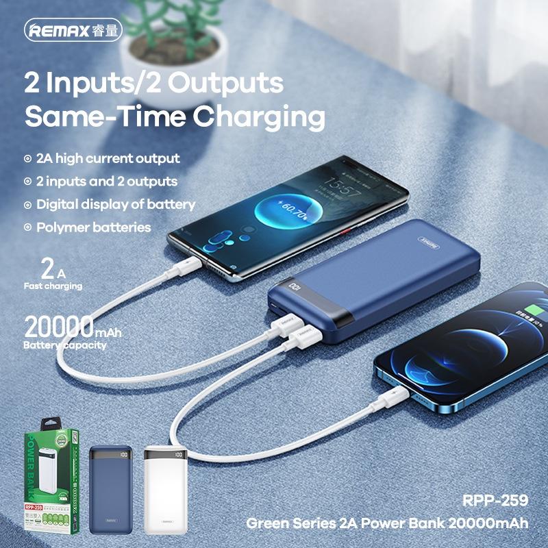 Pin sạc dự phòng Remax RPP-259 20000mAh Green Series, 2 cổng input / output - Hàng Chính Hãng