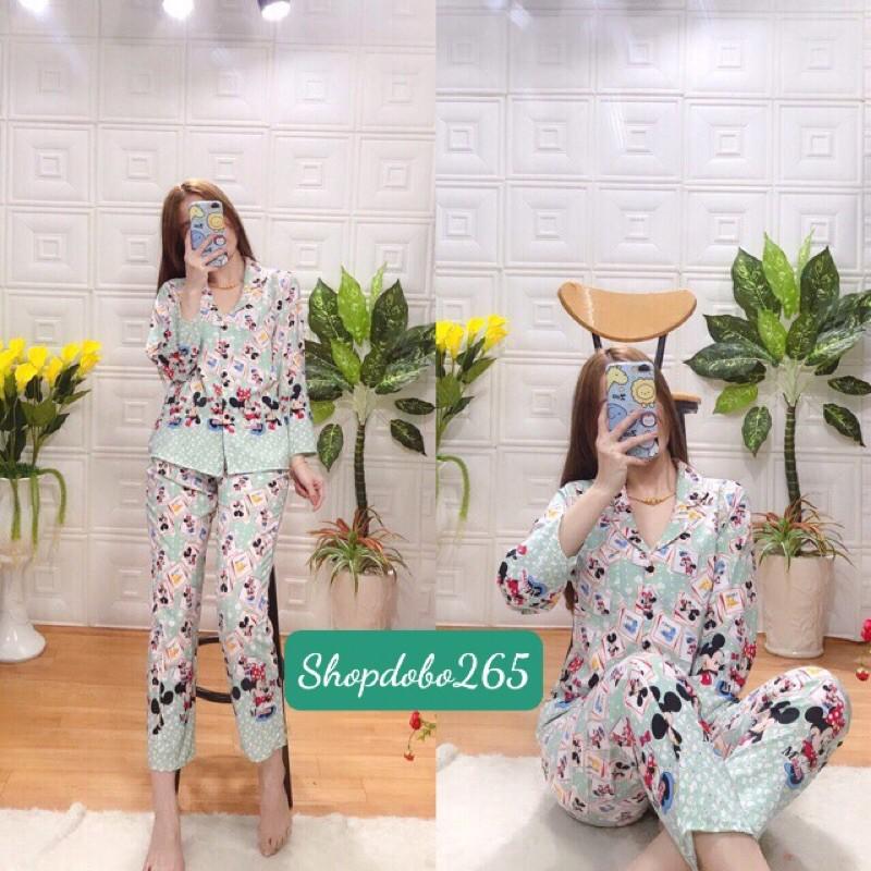 Đồ bộ nữ mặc nhà, bộ pijama dài tay vải lụa viền chân thời trang.