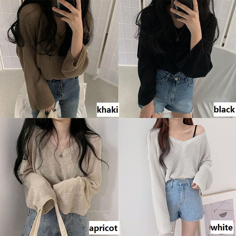 Áo Dệt Kim Mỏng Dáng Rộng Tay Dài 3 Màu Trơn Tùy Chọn Cho Nữ