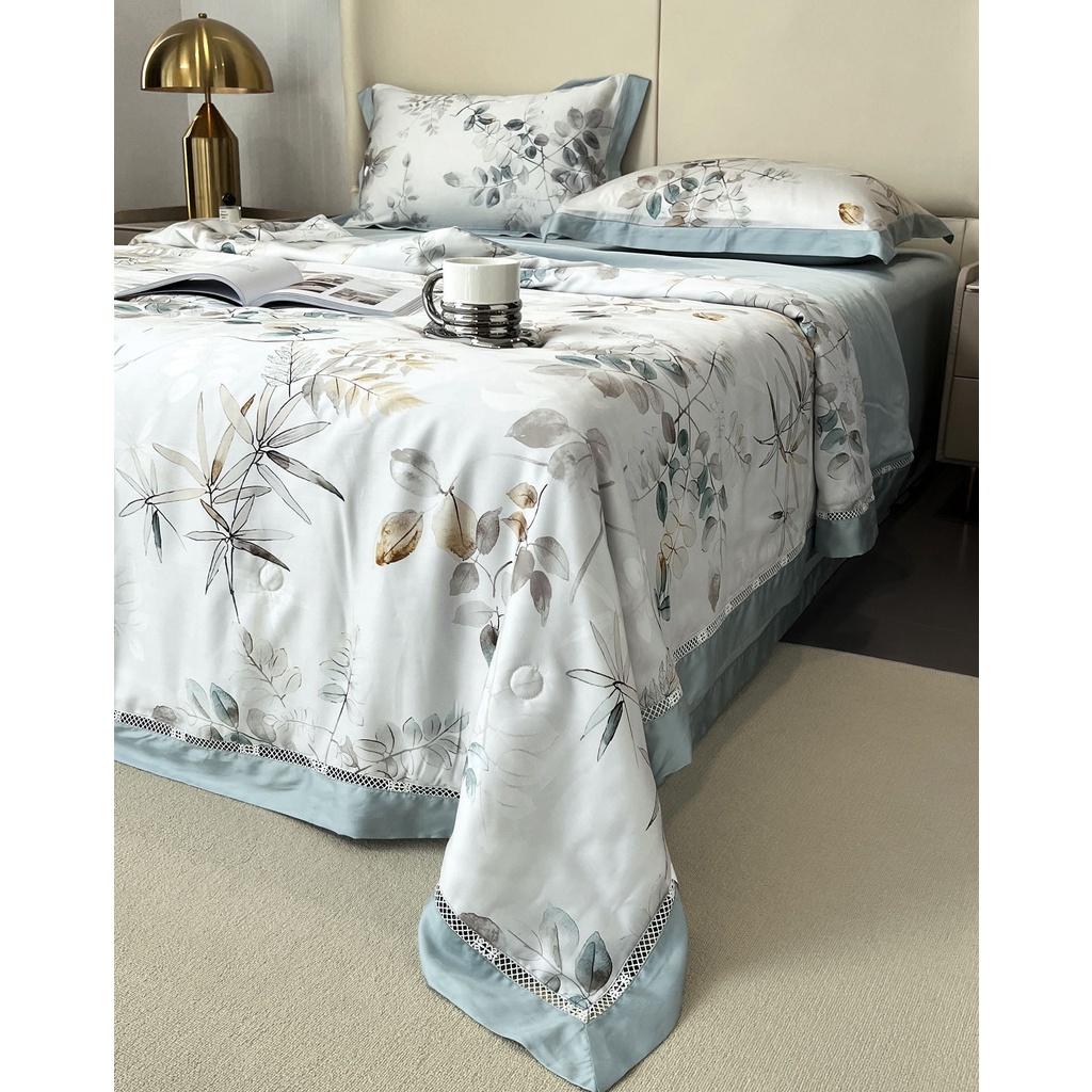 Bộ chăn ga gối cao cấp 100%Tencel 100s Digital Print, Set 4 món chăn chần hè phối ren siêu mềm mát mịn