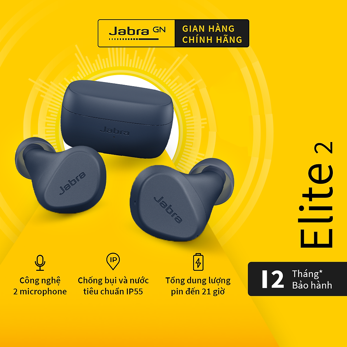 Tai Nghe Bluetooth Jabra Elite 2 | Thương hiệu Đan Mạch | Chống Nước IP55 | Công nghệ chống ồn từ Jabra | Nghe Nhạc lên đến 21H | Hàng Chính Hãng