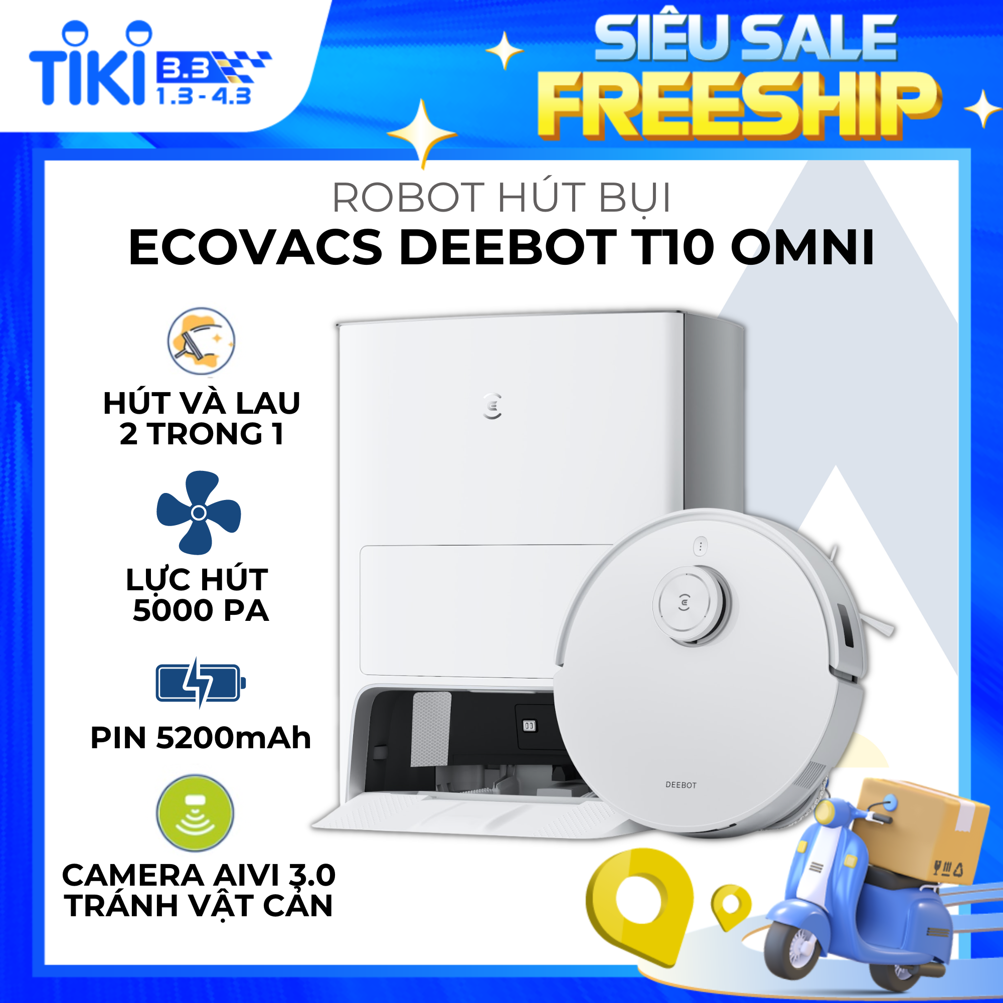 Robot hút bụi lau nhà thông minh Ecovacs Deebot T10 OMNI - Lực hút 5000 Pa, lưu trữ 4 bản đồ, Tự động hút rác, giặt giẻ và sấy khô, Tránh vật cản, Điều khiển giọng nói, Bản Quốc tế - Hàng chính hãng