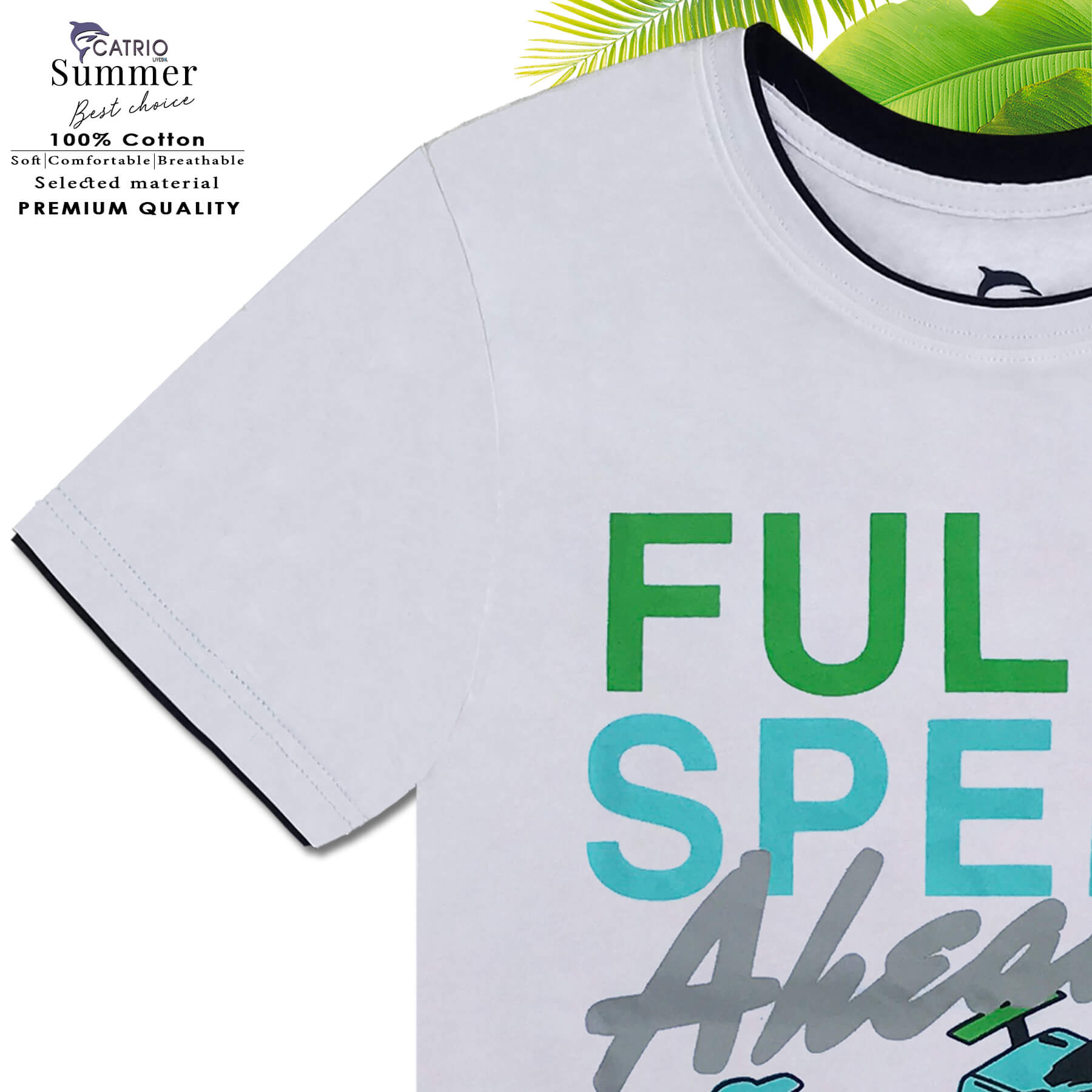 ÁO PHÔNG BÉ TRAI NGẮN TAY CATRIO là áo thun trẻ em tay ngắn từ 5 tuổi đến 12 tuổi vải 100% Cotton in FULL SPEED thuộc BST quần áo trẻ em mùa hè CATRIO màu TRẮNG