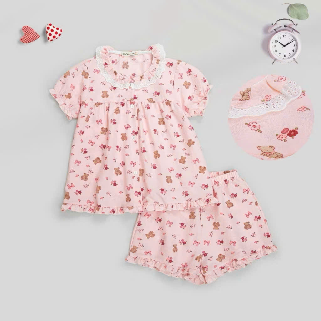 BỘ PYJAMA BÉ GÁI CHẬT ĐŨI COTTON MỀM MẠI VỚI HOẠ TIẾT GẤU, KITTY DỄ THƯƠNG TỪ 12-50KG CHO BÉ GÁI