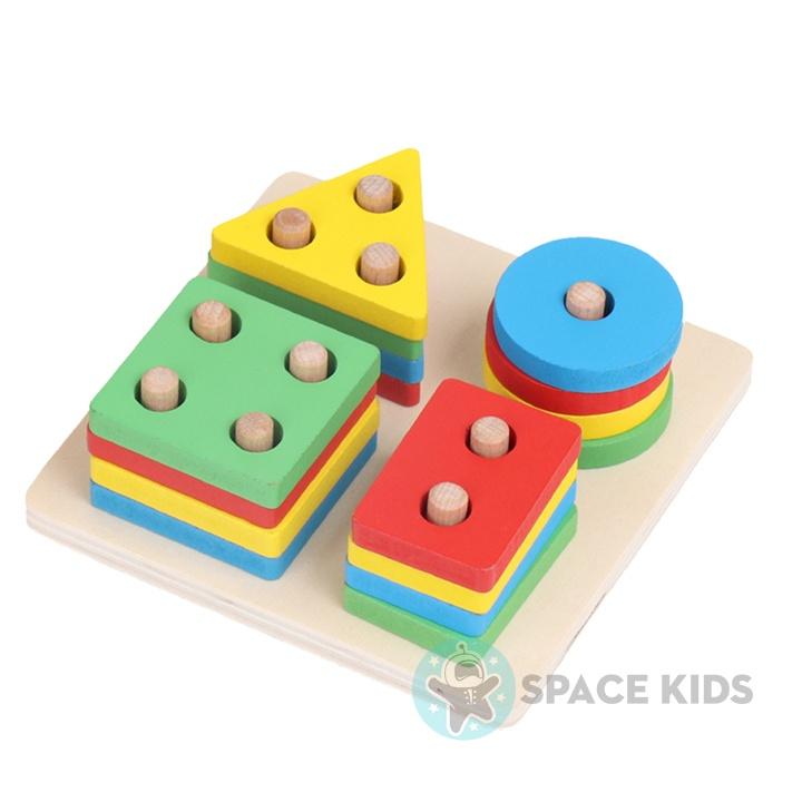 Đồ chơi gỗ cho bé Tháp thả hình khối 4 cột cho bé (4 hình khối cơ bản)