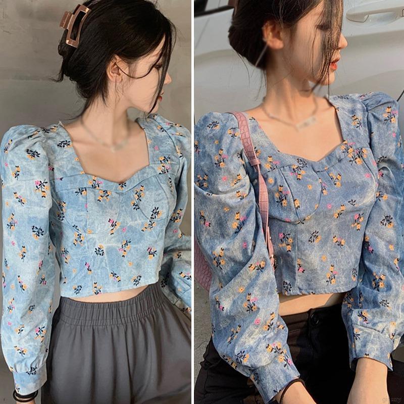 Áo kiểu tay dài cổ vuông họa tiết hoa phong cách retro Hàn Quốc xinh xắn thời trang cho nữ
