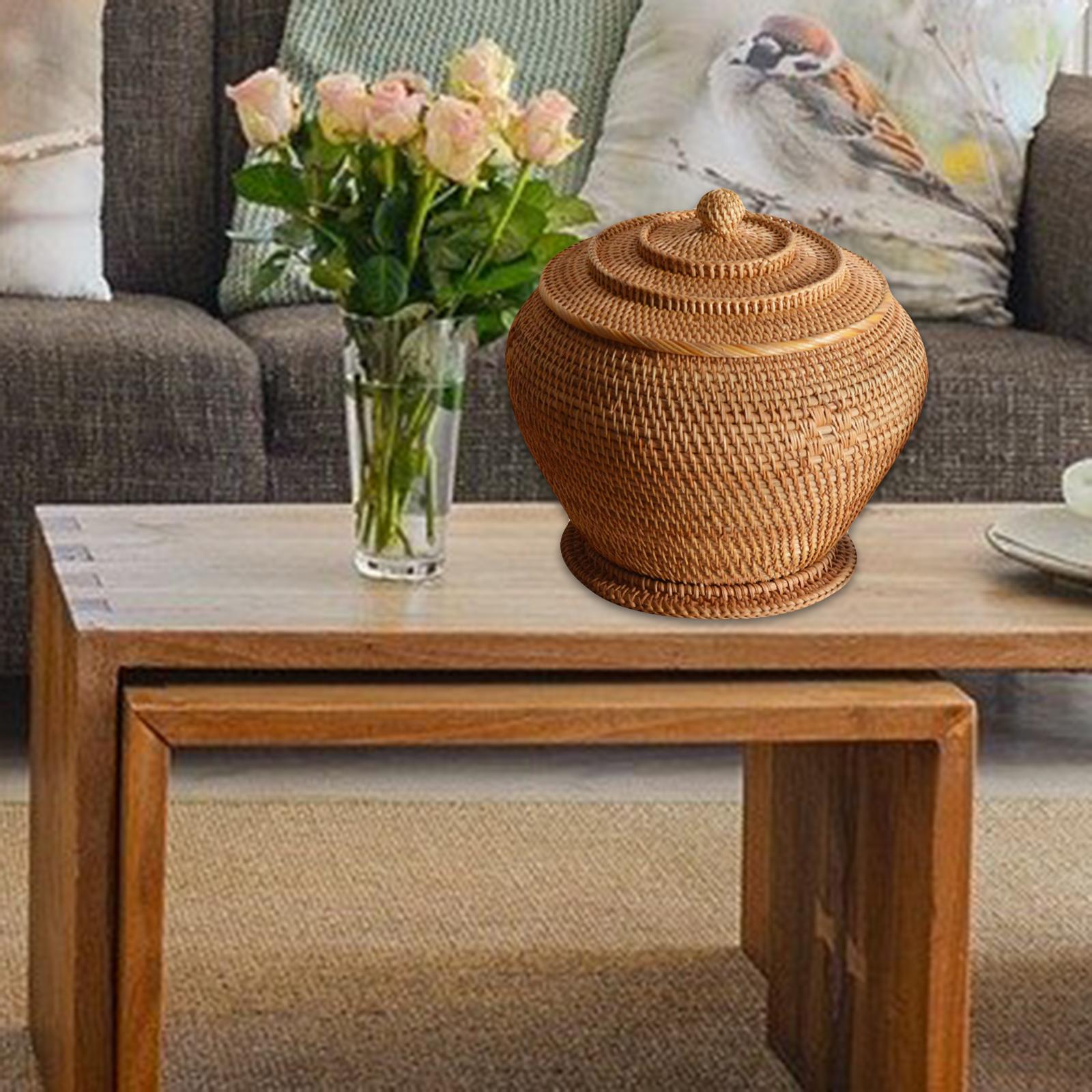 Rattan Woven Basket with Lid Durable Organizer Round for Vegetable Kitchen