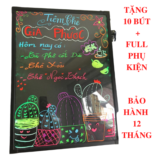 [Bảng menu cao cấp có video] Bảng Viết Dạ Quang có đèn led, quảng cáo, menu nhà hàng 50x70cm ( Tặng kèm chân giá + 10 bút + Điều khiển + khăn lau)