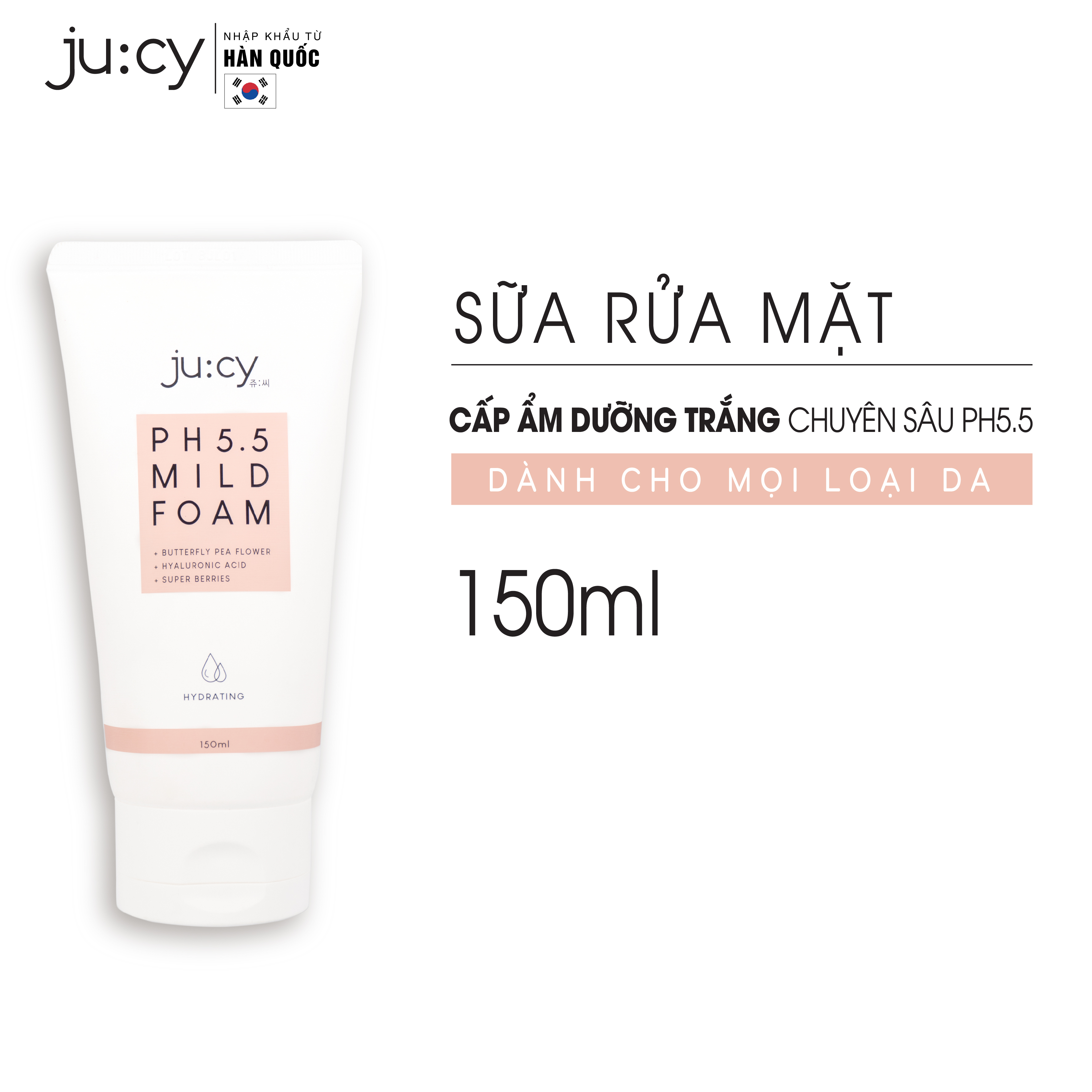 Sữa rửa mặt cấp ẩm và dưỡng trắng chuyên sâu Hàn Quốc JU:CY PH5.5 MILD FOAM 150ml
