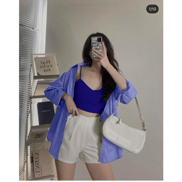 Set áo croptop bra 2 dây phối áo khoác sơ mi kèm quần shorts trắng