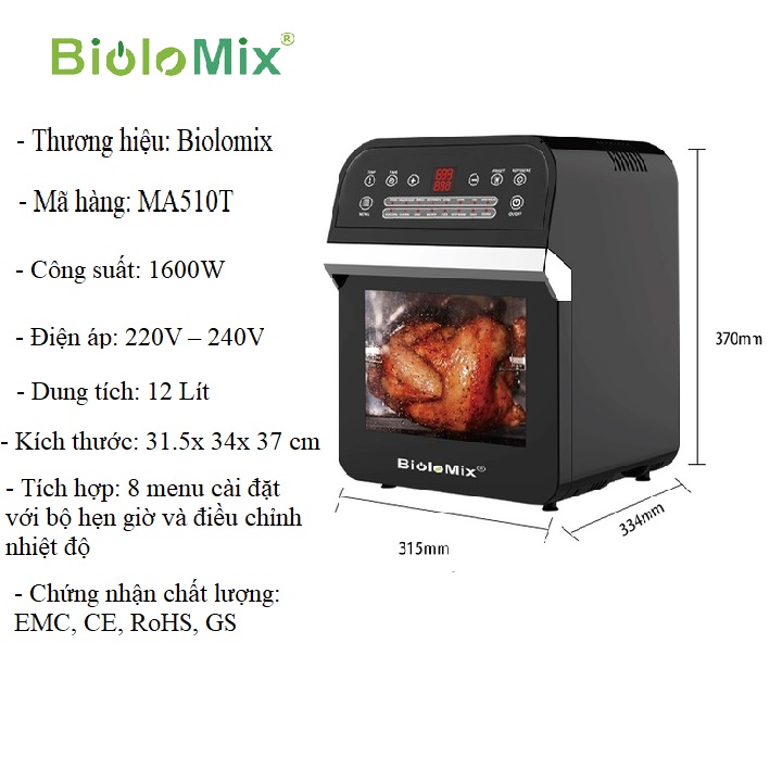 Nồi chiên không dầu điện tử dung tích lớn 12 Lít nhãn hiệu Biolomix MA510T Tích hợp: 8 menu cài đặt với bộ hẹn giờ và điều chỉnh nhiệt độ - HÀNG NHẬP KHẨU