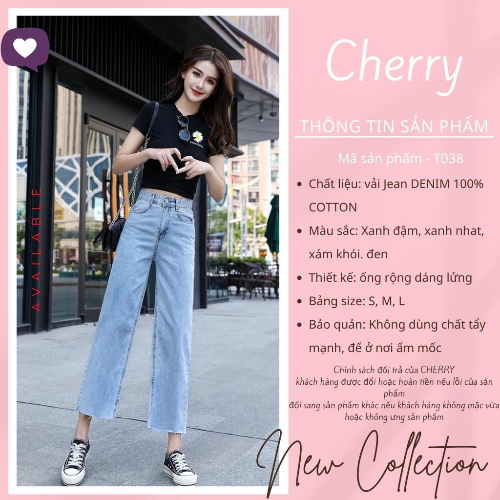 Quần jean nữ ống rộng lưng cao dáng lửng ngắn phong cách Hàn Quốc CHERRY, quần bò nữ ống đứng lửng bigsize cạp cao T038