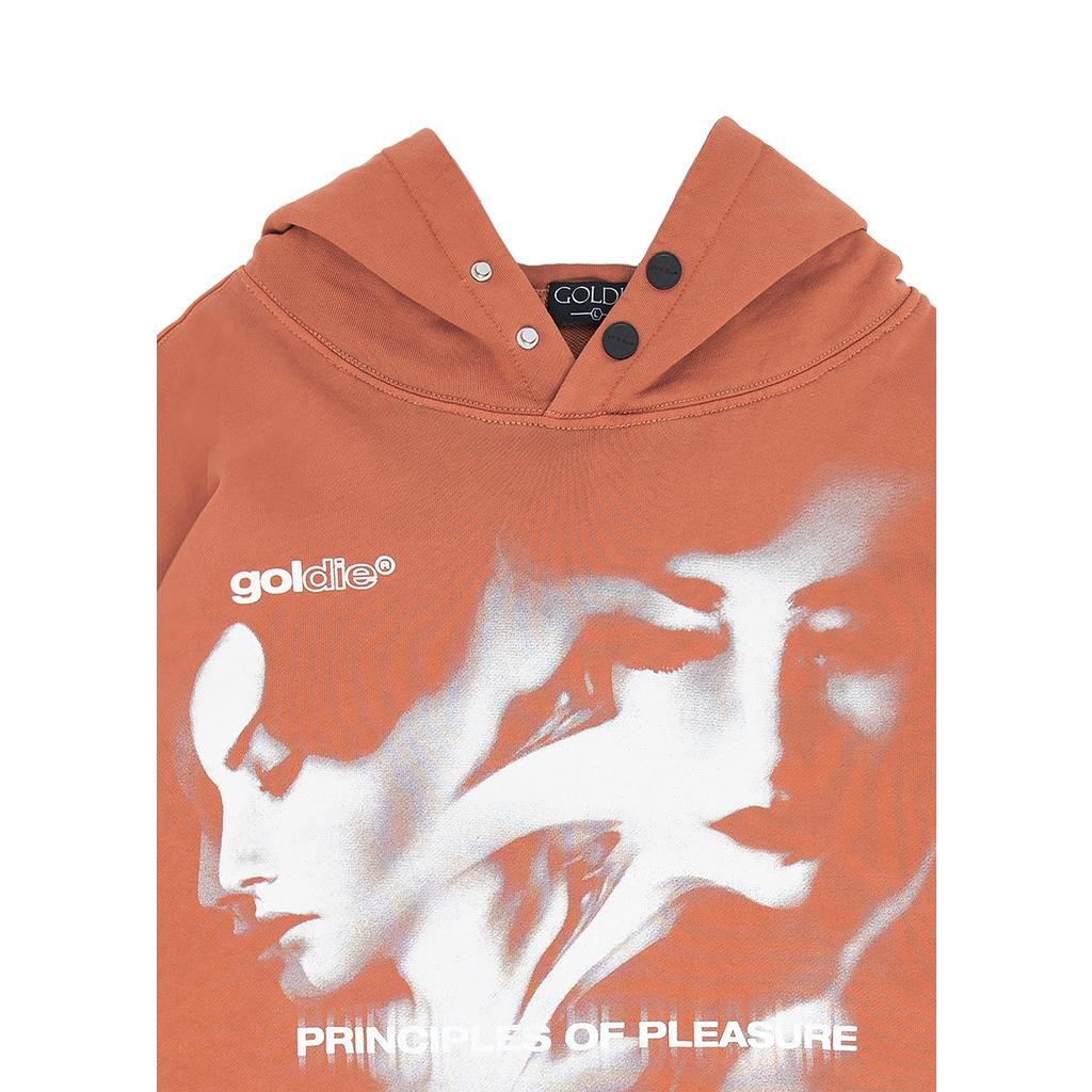 Áo hoodie 'GOLDIE PRINCIPLES OF PLEASURE' giặt nhuộm acid 100% nỉ French Terry màu cam