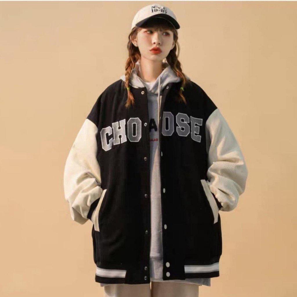 Varsity jacket nhung tăm unisex form rộng áo bomber 2 lớp ulzzang streetstyle nam nữ hottrend CHOOSE, Áo khoác bomber Choose Unisex, kiểu áo khoác ngoài mùa thu chất vải nhung tăm lót dù cao cấp, oversize rộng