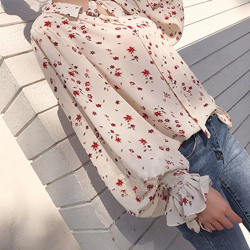 Áo chiffon nữ tay dài phối bèo in hoa phong cách vintage