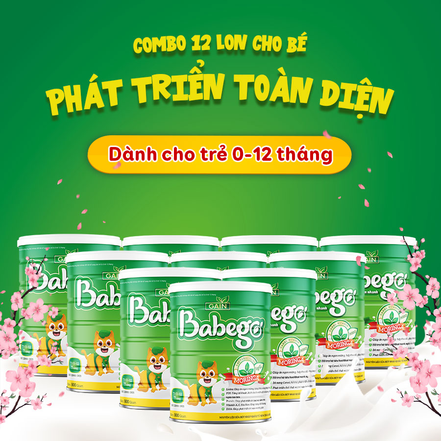 Combo 12 lon sữa mát tăng cân, cải thiện biếng ăn, táo bón cho bé phát triển toàn diện Babego 0-12 tháng tặng xe máy điện