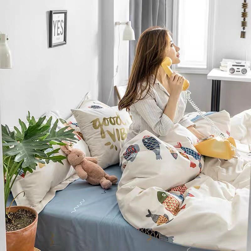 Bộ chăn ga gối cotton poly M2T Bedding Đàn cá xanh, vỏ chăn mền, drap nệm và 2 vỏ gối