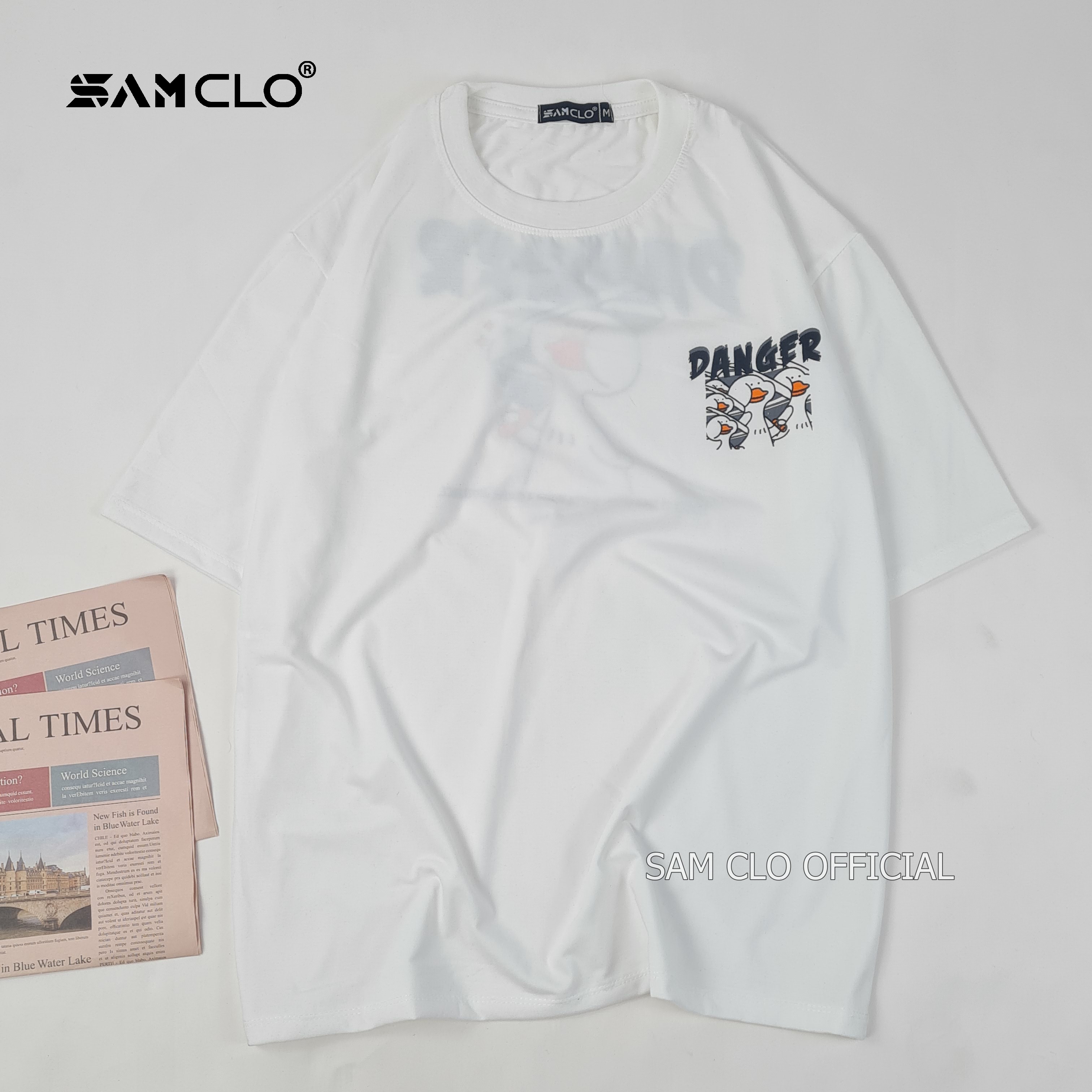 Áo thun tay lỡ nữ freesize phông form rộng dáng Unisex, mặc lớp, nhóm, cặp in HÌNH VỊT DANGER màu trắng