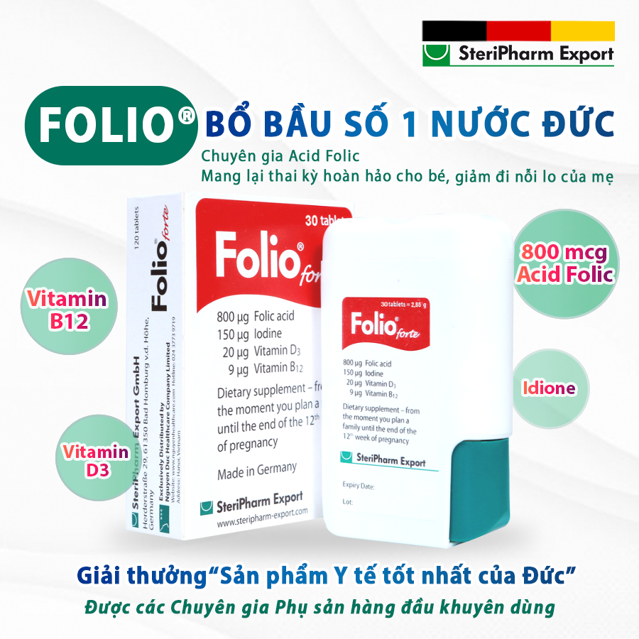 Viên uống bổ sung Acid Folic và những chất dinh dưỡng thiết yếu cho phụ nữ dự định mang thai, phụ nữ đang mang thai Folio forte - Hộp 30 viên - Hộp màu đỏ