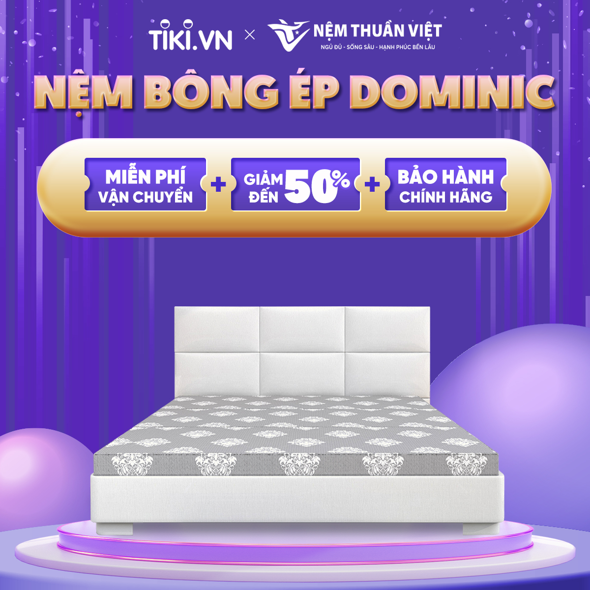 Nệm Bông Ép Gấp 3 Thuần Việt Dominic Cao Cấp, Thoáng Mát, Kháng Khuẩn, Nâng Đỡ Cơ Thể - [Đầy đủ kích thước